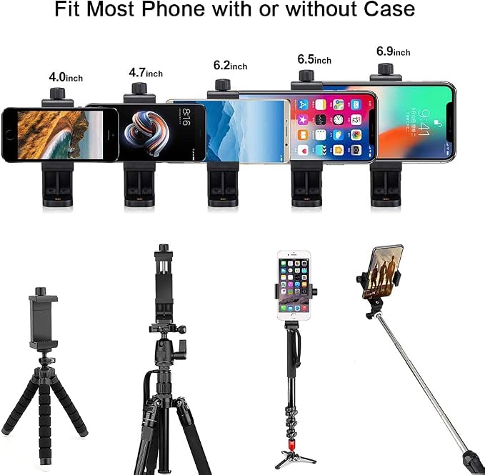 Cell Phone Tripod Mount Adapter, Universal Phone Holder Adjustable Clamp, 360 Degree Rotatable Bracket 1/4" Screw Clip for iPhone, Samsumg, Selfie Stick, Monopod (Black-1 Pack) - Image 6