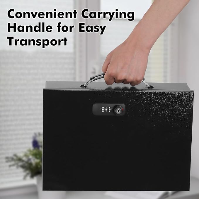 KYODOLED Fireproof Lock Box for Documents, Dual Combination and Key Lock Security with Carrying Handle, Metal Strong Safe Box to Keep Personal Items, Documents, Exterior 13.2''x 11''x4.13'', Black - Image 6