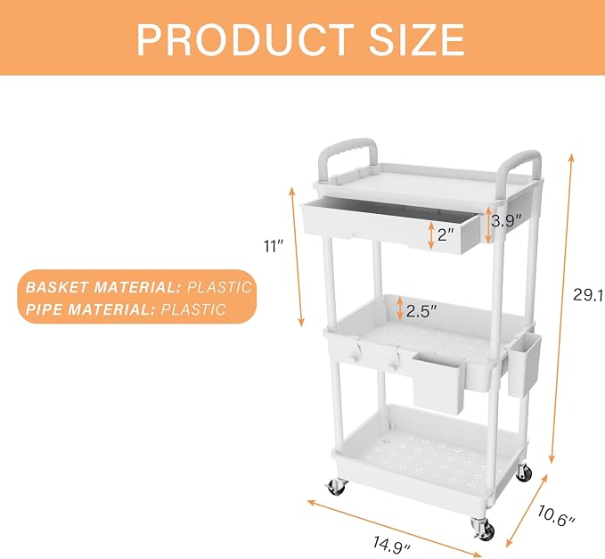 3 Tier Rolling Utility Cart with Drawer,REBECAT Utility Cart Made of Multifunctional Storage Organizer Tool for Kitchen,Bathroom,Living Room,Office(White) - Image 5