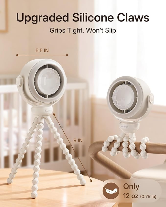 SWEETFULL Portable Stroller Fan, Pinch-Proof Baby Fan - Cream | Wide Turbine Airflow; Safe Design; LED Display; 5-Speed; 30dB Quiet; USB-C Rechargeable; Mini Clip On Fan for Car Seat & Bed - Image 6