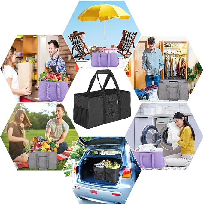 Extra Large Utility Tote Bag - Reusable Grocery Bags Foldable Heavy Duty | Large Shopping Tote 4 Pockets & Reinforced Handles, Water-Resistant Collapsible Tote for Beach, Picnic, Car Storage - Image 2