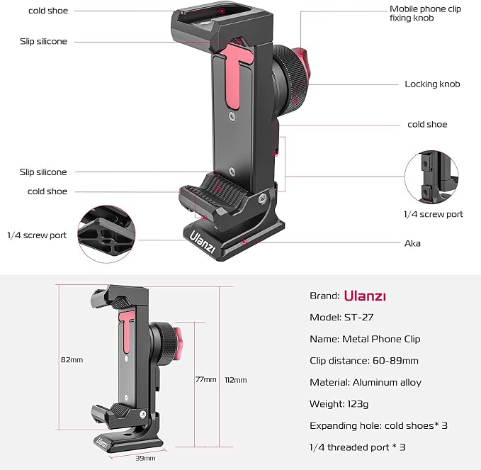 ULANZI ST-27 Metal Phone Tripod Mount, 360° Phone Holder for Tripod w 3 Cold Shoes & Arca Port, Versatile Smartphone Adapter for iPhone 17 16 15, Desktop Tripods, and Live Streaming/Vlogging Setup - Image 7