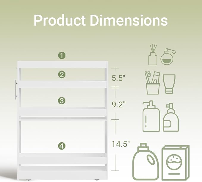 SoBuy 4 Tier Slim Rolling Cart with Wheels, Slim Storage Cart, White | Narrow Bathroom Storage Cabinet, Round Handle, Hidden Casters, 7.09" Gap Cart For Kitchen, Bathroom & Laundry - Image 4