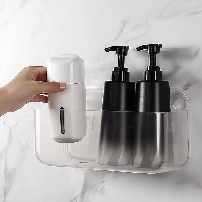Sintuff 4 Pcs Plastic Wall Mounted Storage Adhesive Clear Organizer Cabinet Door Organizer Storage Box with Self Adhesive Tape Without Drilling for Bathroom Living Room Office Kitchen Shelves - Image 4