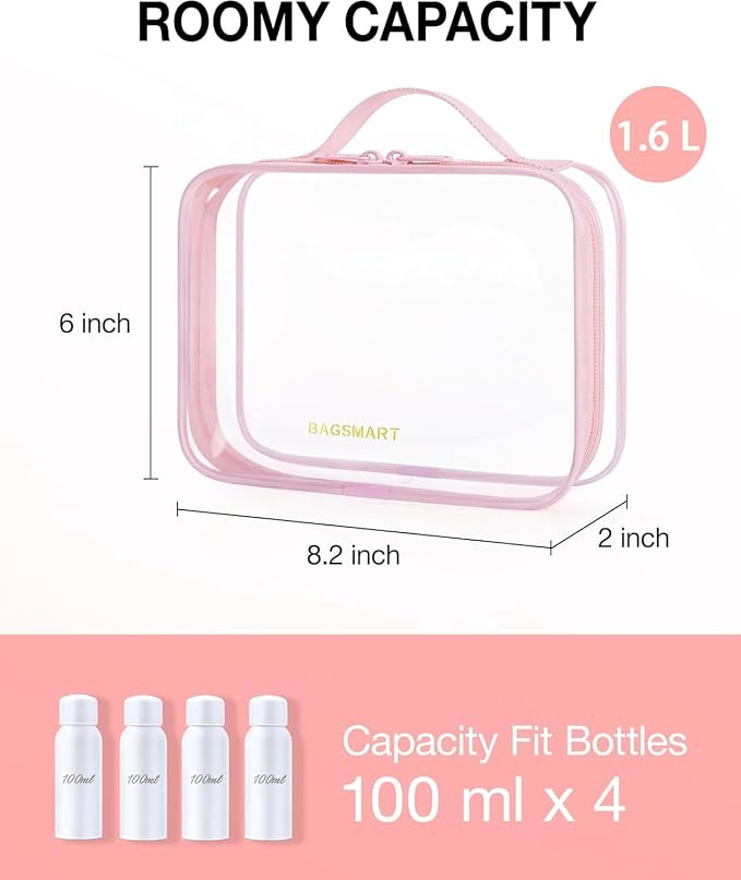 BAGSMART Clear Toiletry Bag with Handle 3-Pack TSA Approved, Pink | Water-resistant Travel Toiletry Bag, Carry On Travel Accessories Bag, Airport Airline Quart Size Bags Women Men, Makeup Bag - Image 2