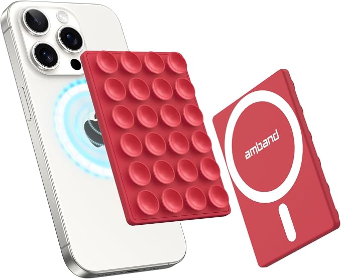 amBand Magnetic Sticky Phone Suction Grip for MagSafe, Removable for Wireless Charging, Durable Magnet Silicone Portable Mount Stand for iPhone 12 13 14 15 16 17, Hands-Free Video/Selfie, Cherry Red by amBand