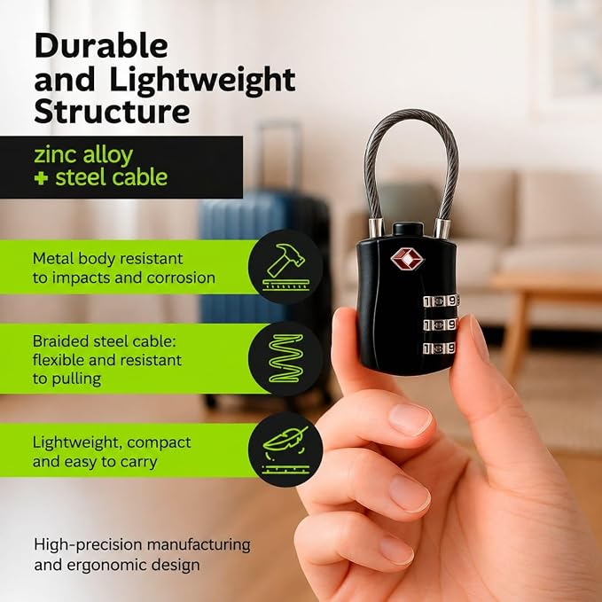 TSA Approved Luggage Lock with Combination - Resettable Cable Lock for Suitcases, Backpacks & Travel Bags - Image 3
