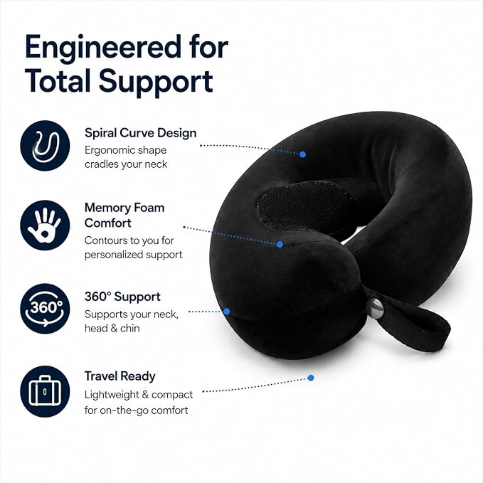 Brookstone Travel Pillow Spiral Curve Soft Memory Foam Support Pillow | Unique Shape Cradles Head, Neck & Chin While Seated Upright, Smooth Cover Feels Gentle on Skin for Long Flights - Image 2