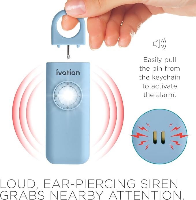 Ivation Personal Rechargeable SOS Alarm, Pocket Size Loud 130dB Sound Safety Siren & LED Panic Strobe Light with Carabiner Keychain Clip for Women, Children & Seniors, Blue - Image 4