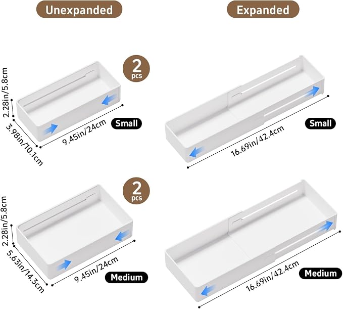 PAVSTINE 4-Pack Expandable Drawer Organizer for Makeup, 2M & 2S | Adjustable 9.45"–16.69", Customizable Compartments, 2-Size Storage Tray for Kitchen, Bathroom, Vanity & Office - Image 2