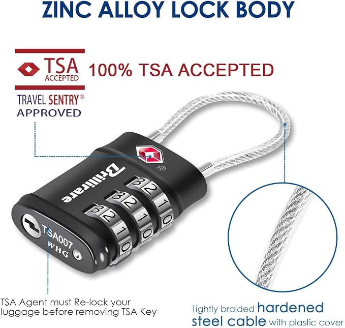 4 Pack TSA Approved Luggage Locks, Combination Travel Cable Lock, 3-Digit Waterproof Padlock, Zinc Alloy Outdoor Keyless Resettable Lock for Travel, Lockers, Bags, Backpack, Gym, Gate-by BRILLIRARE - Image 3