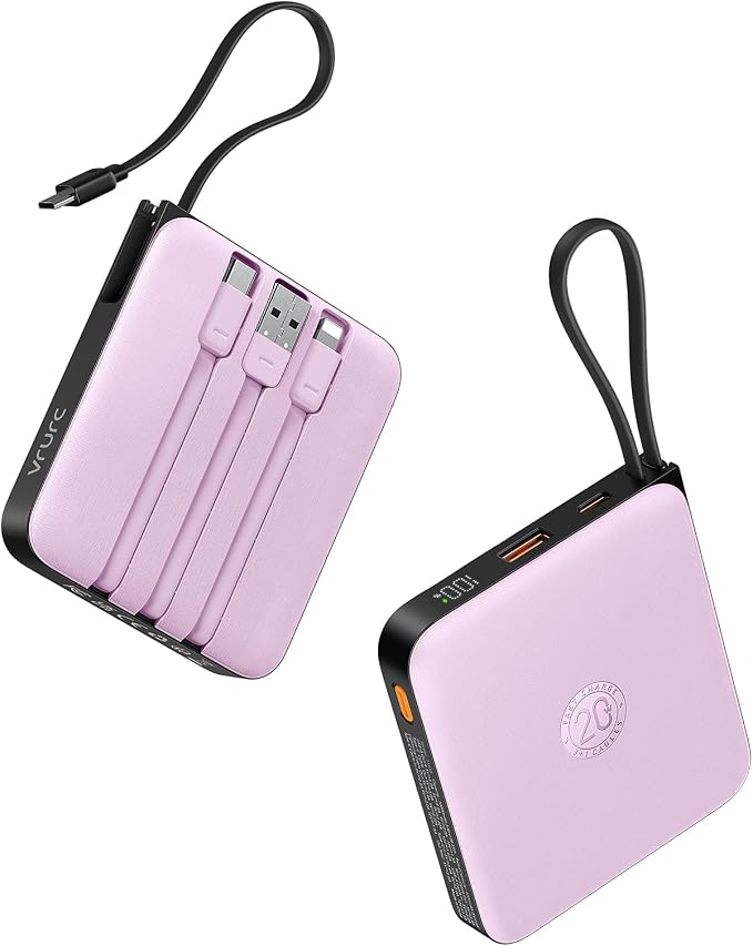 VRURC Portable Charger 10000mAh Battery Pack, Cell Phone Power Bank, Purple | Built-in Cables, 22.5W Fast Charging, Slim, Travel Essentials, Airline-Approved, for iPhone 17/16/15 Series, Samsung Android by Home