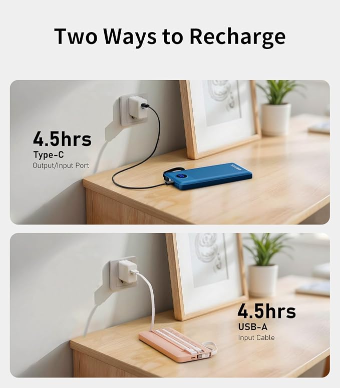 Portable Charger with Built in Cables, Slim 10000mAh Power Bank, USB C Battery Pack Travel, 4 Output 2 Input External Charging Bank for iPhone 17/16/15/14/13,Samsung, Android, etc-Blue&Pink(2 Pack) - Image 7