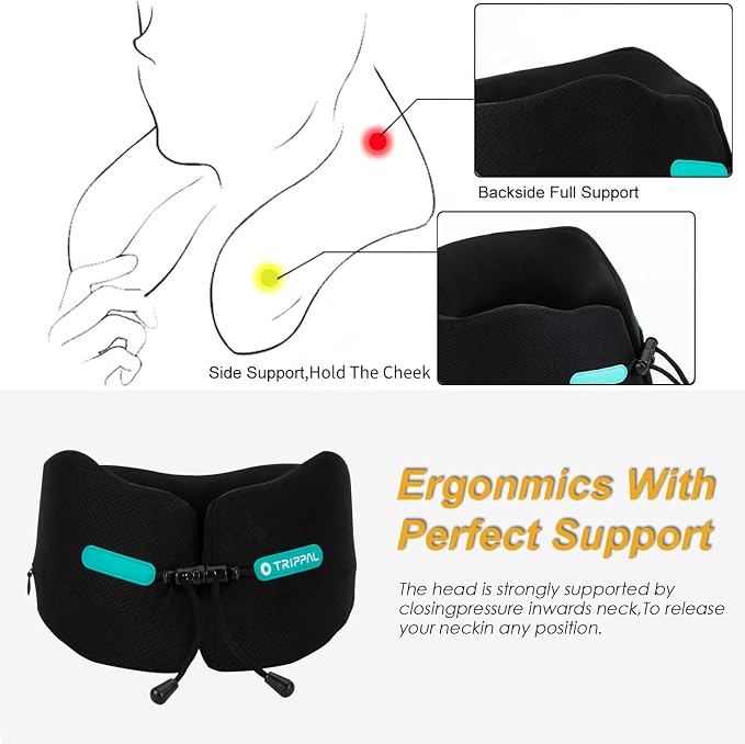 GOLDORANGE Travel Pillow Neck Chin Head Support 100% Pure Memory Foam Neck Pillows for Long Flights Airplane Car Office Sleeping Rest Portable Plane Accessories Black S - Image 7