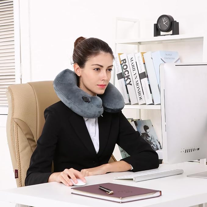 Keemall Portable Inflatable Travel Neck Pillow Flight & Airplane Essentials | Luxury Soft Fabric for Comfort, 360 Degree Ergonomic Neck Pillow, For Plane, Car & Long Road Trip, Portable with Carry Bag - Image 2