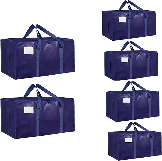 6 Pack-Extra Large Heavy Duty Moving Bags - Waterproof Storage Totes with Handles & Zippers, Foldable for College Dorm, Storage (Dark Blue) by Unknown