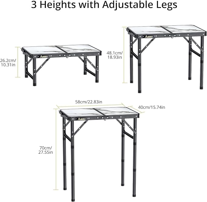 Anbte Folding Camping Table with Storage Net, 3 Adjustable Height Max 28" | Aluminum Small Folding Table Portable, Lightweight Camping Table for Outdoor Indoor Travel Picnic Beach, 24"x 16", White - Image 3