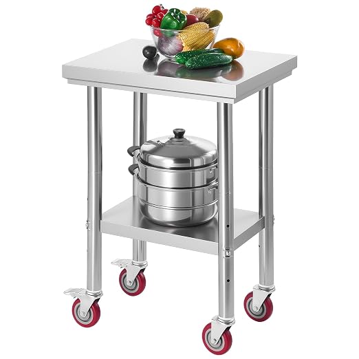 VEVOR Stainless Steel Table, 24 x 18 Inches Food Prep Worktable with Wheels, Kitchen Prep Table with Adjustable Undershelf Workstations for Commercial Kitchen, Restaurant, Hotel and Garage, Outdoor by VEVOR