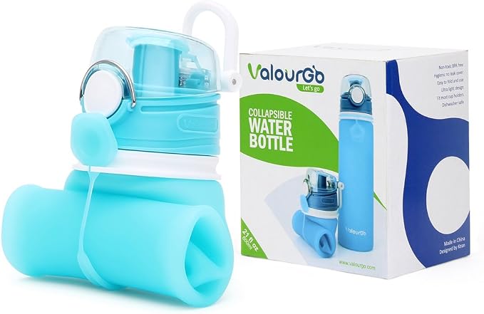 Valourgo Collapsible Water Bottle, Silicone Foldable with Leak Proof Valve BPA Free, Aqua Blue, 21 oz - Image 8