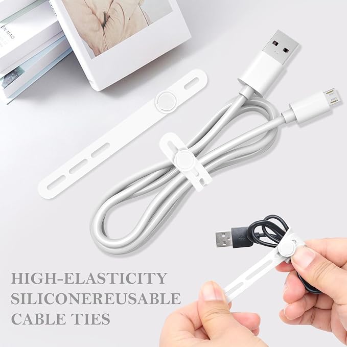 Donruby 30Pcs Silicone Cable Ties - Reusable & Washable with Adjustable Locking Buckles, High Elasticity Cable Management Straps for Home, Office, School, Travel Essential Cord Organizer (White) - Image 3