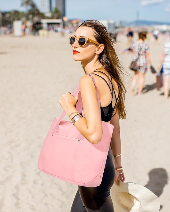 Foldable Tote Bag with Zipper for Women, 18L Nylon Lightweight Shoulder Handbag for Travel, Waterproof Beach Bag - Image 3
