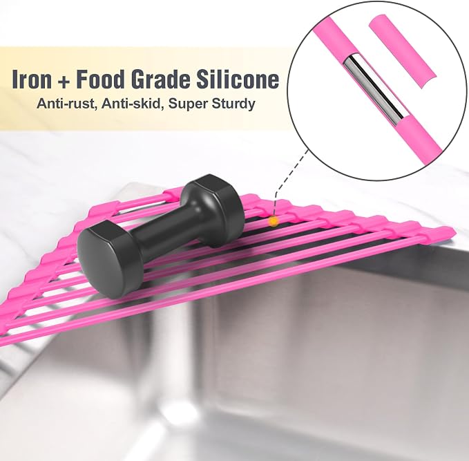 Tomorotec Roll Up Dish Drying Rack with Silicone Coating, Hot Pink | 304 Stainless Steel with BPA-Free Silicone, Triangle Design Maximizes Sink Corner Space, Fits Compact Kitchens And RVs - Image 5