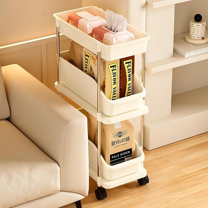 Slim Storage Cart 3 Tier Slim Rolling Utility Cart with Pull-Out Baskets & Wheels for Narrow Space in Kitchen Dining Room Bathroom Laundry Room Cream White (Width 6.3 Inches) - Image 4