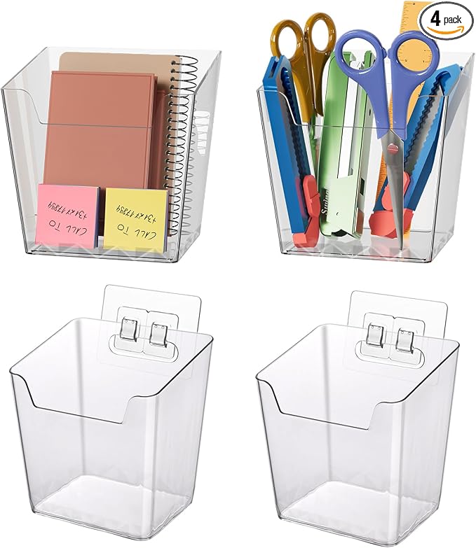 Clear Adhesive Wall Storage Bins 4-Pack Cabinet Door Organizer Cups(Medium) | Clear PET Hanging Wall Mount Pockets, Plastic Caddy for Shower Bathroom Makeup Office Craft Kitchen Sink RV Organization by LIGHTDUST