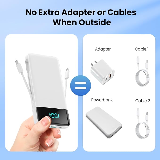 Portable Charger for iPhone,13800mAh Slim Power Bank with Built-in Cables & AC Wall Plug,All in One 4 Outputs USB C Fast Charging Battery Pack Travel Essential for iPhone 17/16/15/14,Android (White) - Image 4