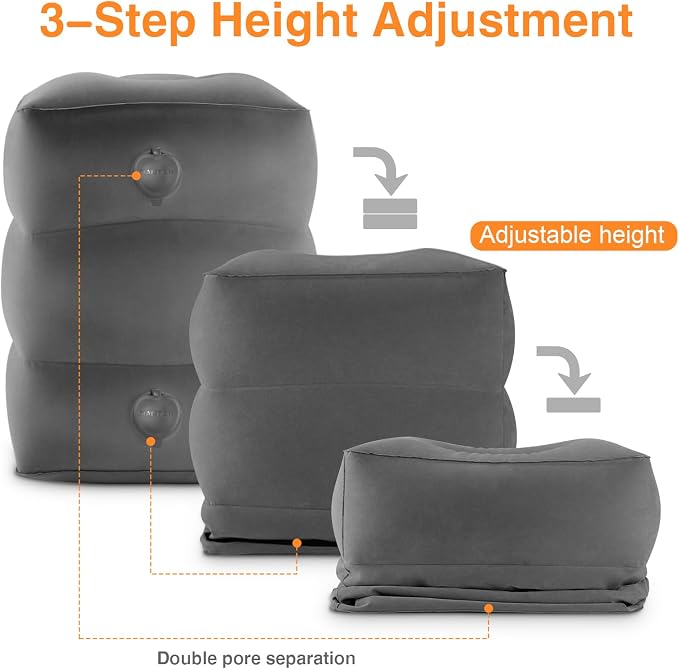 Maliton Inflatable Foot Rest Pillow for Travel,Kids Airplane Bed,Adjustable 3 Layers Height Leg Pillow of Air Travel Essentials,Car, Office, Home - Fast Inflation (Dark Grey) - Image 2