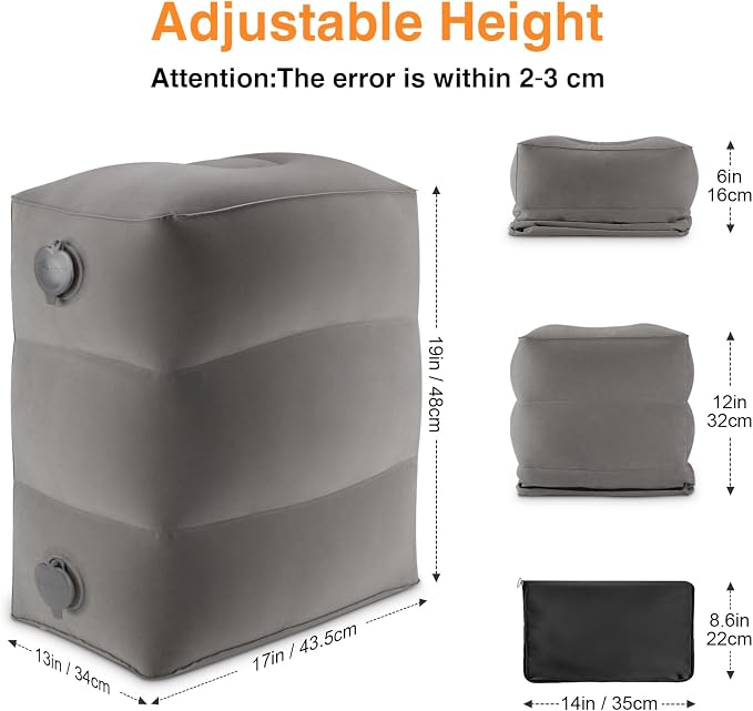 Maliton Inflatable Foot Rest Pillow for Travel,Kids Airplane Bed,Adjustable 3 Layers Height Leg Pillow of Air Travel Essentials,Car, Office, Home - Fast Inflation (Grey) - Image 4