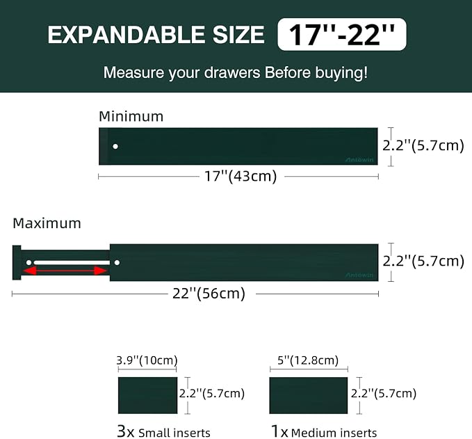 Expandable Bamboo Drawer Dividers Organizers, Drawer Separators Splitter,17-22 inches Long Adjustable Spring-loaded Organizer for Large Utensil, Clothes, Tools(Dark Green) - Image 4