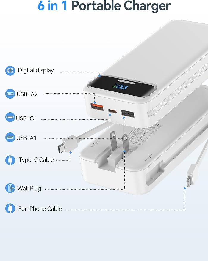aonidi Portable Charger 20000mAh with Built-in Cables&AC Wall Plug, White | PD20W Fast Charging,Travel Essential,TSA Approved,LED Display,All in One USB C Power Bank for All Cell Phones Devices - Image 2