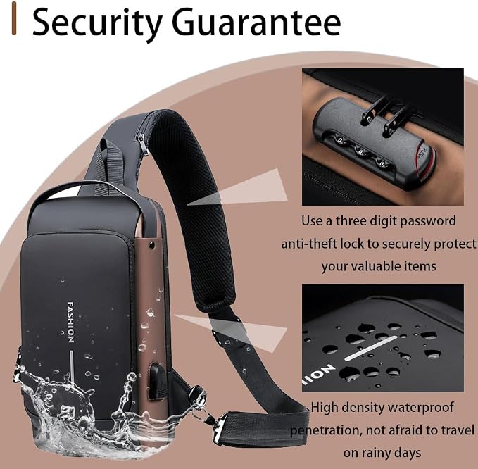 Travel Sling Bag Waterproof Crossbody Bag with Combination Lock Anti-Theft PU Leather Chest Bag with USB Charging Hole Shoulder Backpack Motorcycle Bags Black-gold - Image 6