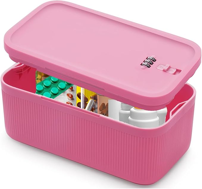 Medication Lock Box,Small Lockable Storage Box with Combination Code for Phone,Medicine Safe,Food, Home,Refrigerator,Office,Personal Items,Travel,Gift,Pink by EMLTHORY
