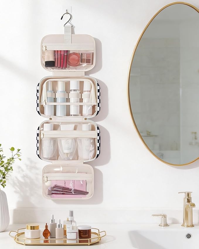 Narwey Hanging Toiletry Bag for Women Checkered Travel Makeup Bag Organizer Cosmetic Make up Toiletries Bag for Travel Essentials Accessories (Black Checkerboard, Medium) - Image 7