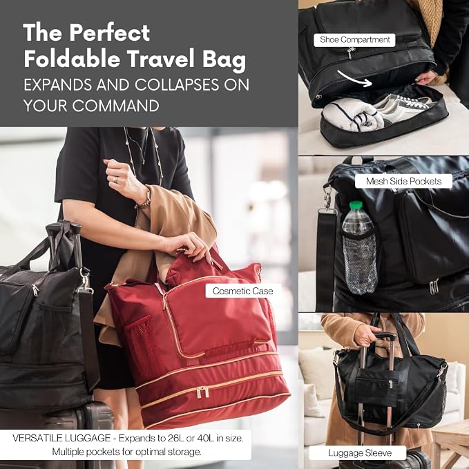 Large Travel Bag - Foldable & Expandable Carry-On Bag with Shoe Compartment, Water Bottle Pocket, Luggage Sleeve, Cosmetic Case - Image 4