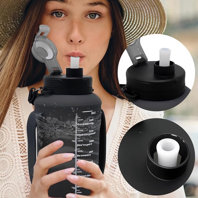 64oz Collapsible Silicone Water Bottle with Straw, BPA-Free, Foldable Travel Bottle Portable for Gym, Hiking, Camping (Black) - Image 4