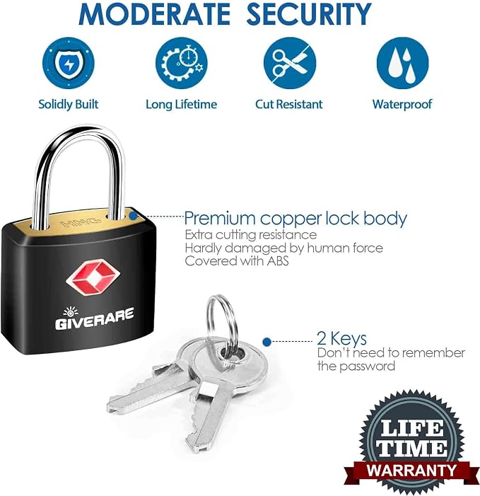 4 Pack TSA Approved Travel Luggage Locks with Keys, Solid Brass Copper Keyed Padlock, ABS Plastic Covered Small Locks for Suitcase, Backpack, Gym Locker, Jewelry Box-by GIVERARE - Image 7