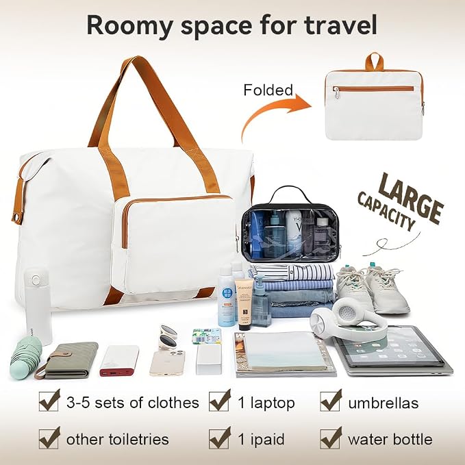 Travel Duffel Bag 60L Large Tote Carry On Foldable, White-Brown | Carry On Duffel Bag for Women Men, Foldable Bags for Travel, Hospital Bag for Labor and Delivery, Weekender Overnight Bag - Image 3
