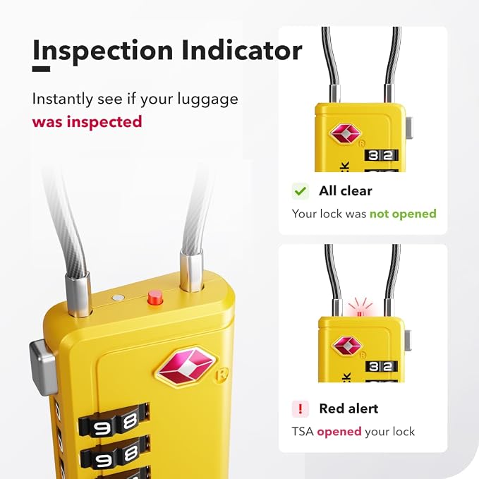 TSA Approved Luggage Locks, Travel Locks with Inspection Indicator | TSA008, Easy to Read Dials, 4 Digit Combination, Flexible Steel Cable, for Suitcases, Backpacks, Bags, 2-Pack, Yellow - Image 5