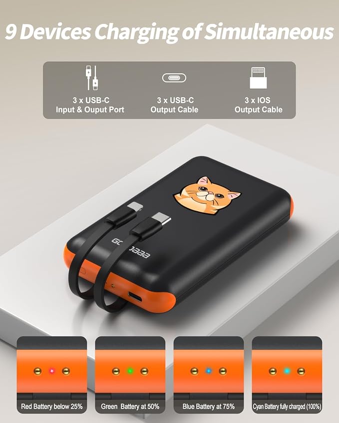 GOODaaa Portable Charger, 3-Pack 10000mAh Slim Power Bank Built in Cables, 3 Outputs 1 Inputs Family Power Hub for All Mobile Devices, Charging Station Set Includes 140 DlY Stickers, for Home,Office - Image 6