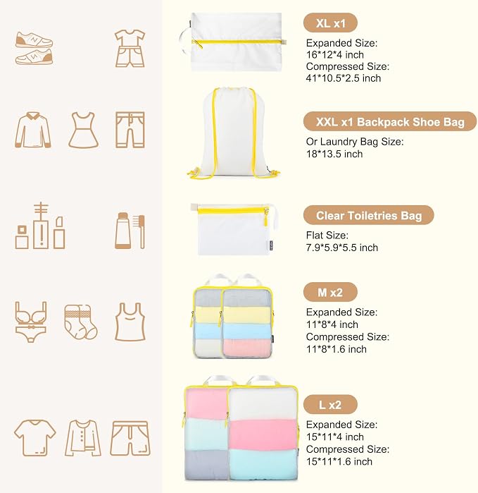 PFEYRPK Lightweight Compression Packing Cubes for Suitcases, Compressible Expandable Travel Packing Organizer with Clear Toiletries and Backpack Bag, Travel Essentials for Carry on Luggage 7 Set - Image 6