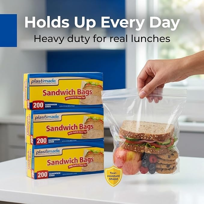 Sandwich Bags With Fold & Close Top (6.5 in X 5.5) in 200 Count Pack of 4 | Flip flap closure for school snacks, produce & portion control; no zipper design, easy open for kids, work & meal prep - Image 7