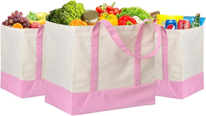 3-Pack Heavy Duty Canvas Reusable Grocery Bags, 8.3 Gal Foldable Large Tote with Handles, Washable Eco-friendly Bags with 5 Pockets, (Pink/Beige) by CNaiyunpin
