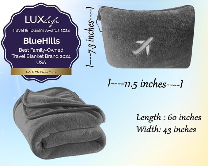 BlueHills Premium Soft Mini Plush Travel Blanket Value Pack Set of 2 - Airplane Travel Essential Flight Blanket Throw in a case with Strap Compact for Car Plane Travel Gift – Gray and Beige. - Image 9
