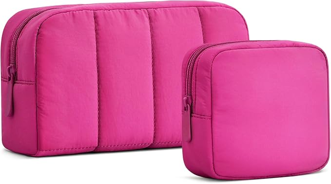 2 Pcs Makeup Bag Travel Toiletry Bag for Women Puffy Padded Cosmetic Pouch Purse Wide-open Makeup Organizer Case Travel Essentials by oscaurt