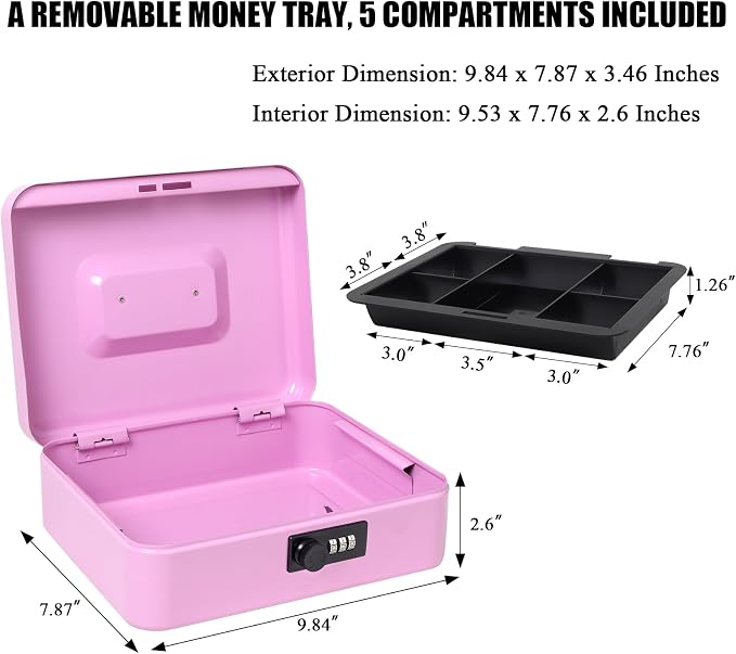 Jssmst Large Cash Box with Combination Lock - Durable Metal Cash Box with Money Tray, Light Purple (9.84 x 7.87 x 3.46) - Image 2