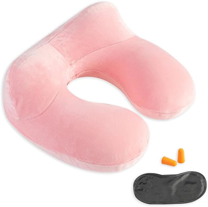 Inflatable Travel Pillow, Neck Pillow Support for Traveling, Airplanes, Cars, and Offices with Compact Carrying Bag, Soft Velvet Washable Cover, Ideal for Adult Sleepers (Pink) by Makimoo