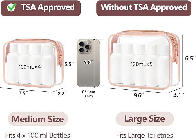 Clear Makeup Bag Travel - TSA Approved Toiletry Bag, 2 Rose Pink | 1 Medium Quart Carry-On & 1 Large Checked-Luggage, Reinforced Seams, Water-resistant, Clear Easy-Check for Airport, Women - Image 3